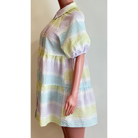 Saylor Tressie Mini Shirt Dress Womens M Seersucker Puff Sleeve Pastel Stripe - Picture 6 of 13